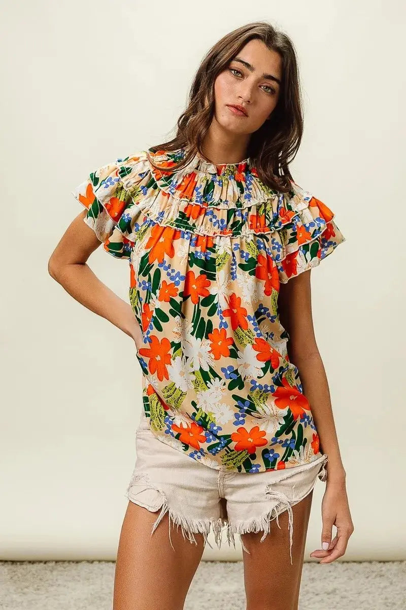 BiBi Multi Color Floral Print Woven Top for Women - Love Salve